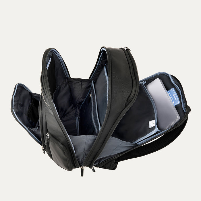 Interior view of Travelpro Platinum Elite Business Backpack in Black, showing padded tech compartments and spacious organization.