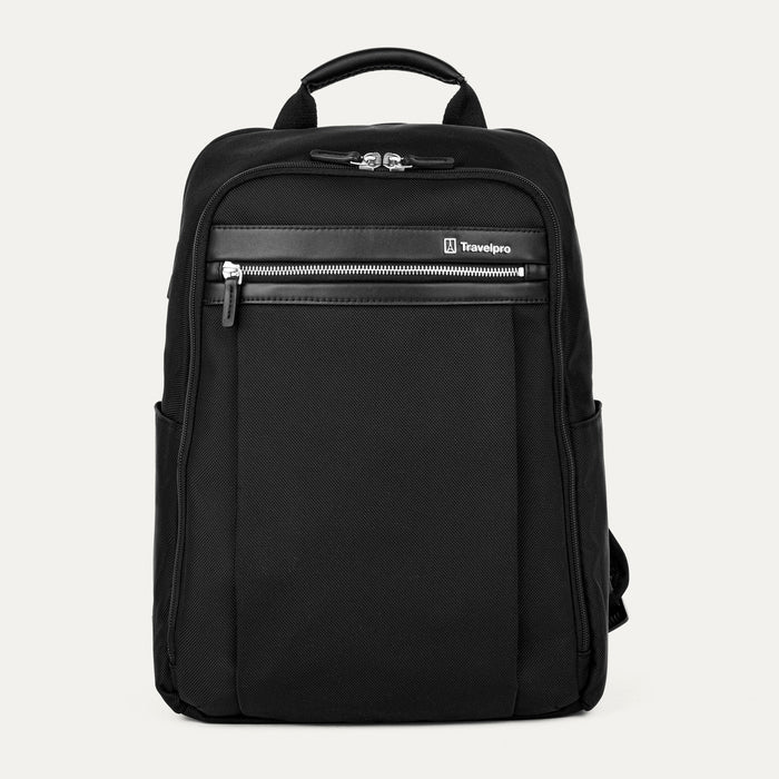 front hero view of the shadow black travelpro platinum® elite slim laptop backpack 16l, featuring a high-density fabric exterior with premium leather accents and a horizontal zippered front pocket.