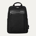 front hero view of the shadow black travelpro platinum® elite slim laptop backpack 16l, featuring a high-density fabric exterior with premium leather accents and a horizontal zippered front pocket.