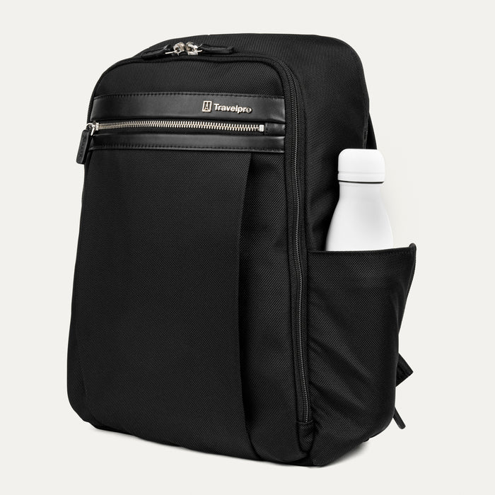 side profile of the shadow black travelpro platinum® elite slim laptop backpack 16l, showing a white reusable water bottle tucked into the integrated side pocket with leather trim.