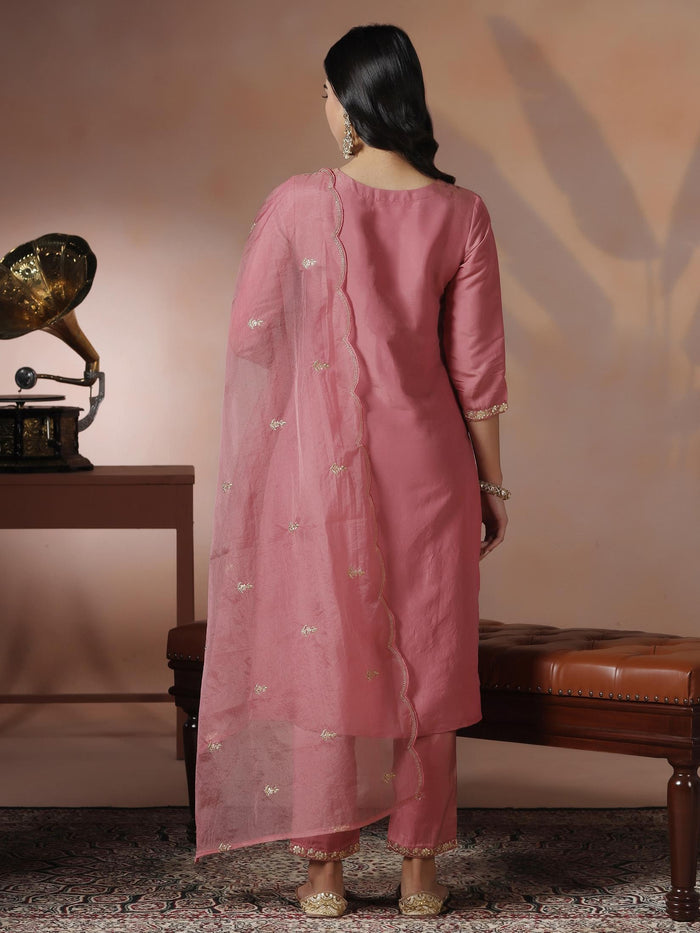 Poly Viscose Pink Embroidered Kurta Comfort Pant Dupatta.