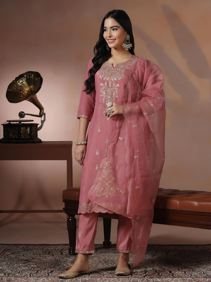 Poly Viscose Pink Embroidered Kurta Comfort Pant Dupatta.