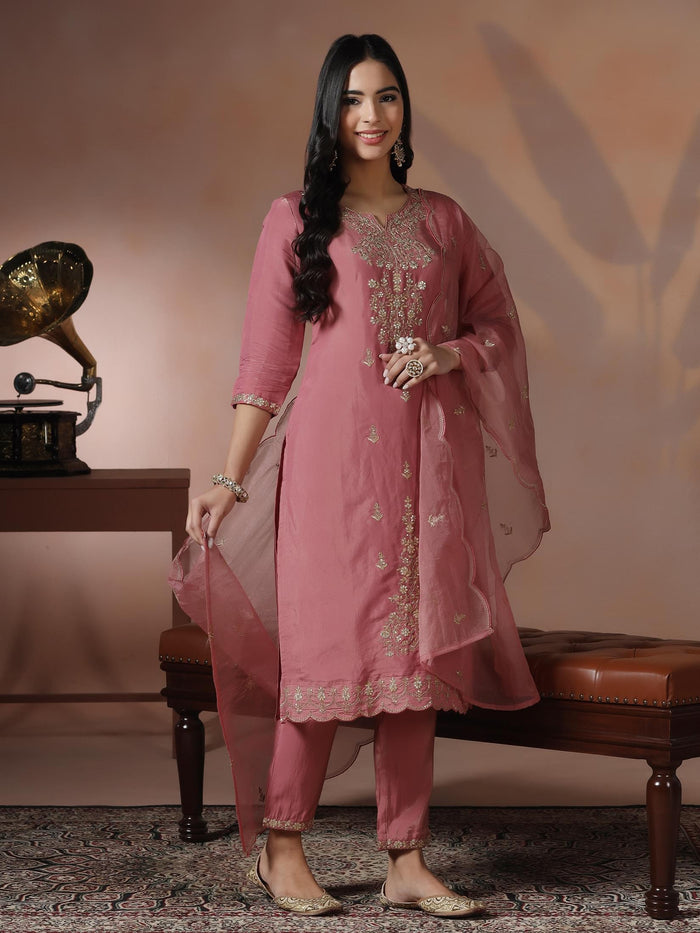 Poly Viscose Pink Embroidered Kurta Comfort Pant Dupatta.