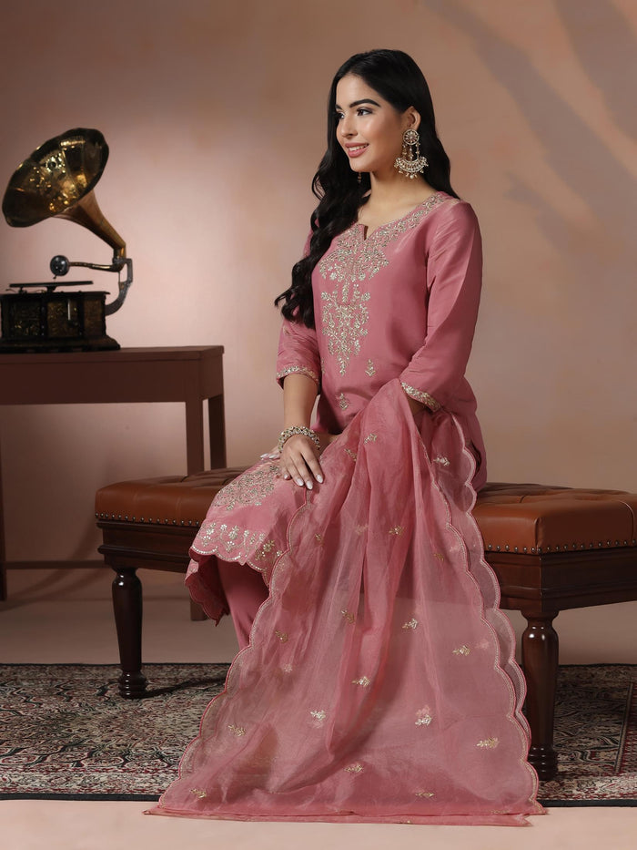 Poly Viscose Pink Embroidered Kurta Comfort Pant Dupatta.