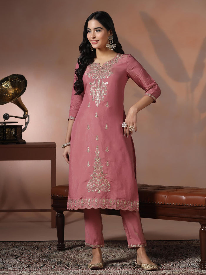 Poly Viscose Pink Embroidered Kurta Comfort Pant Dupatta.