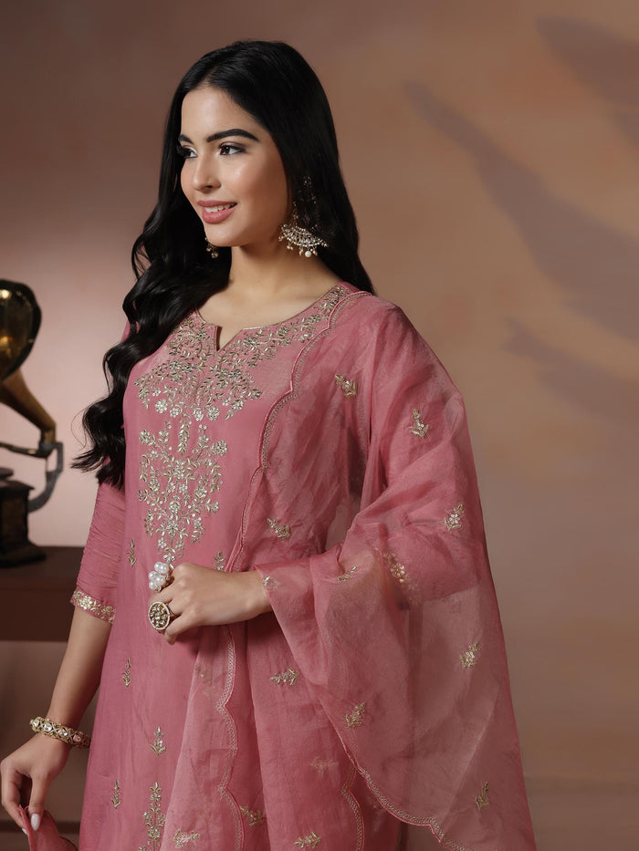 Poly Viscose Pink Embroidered Kurta Comfort Pant Dupatta.