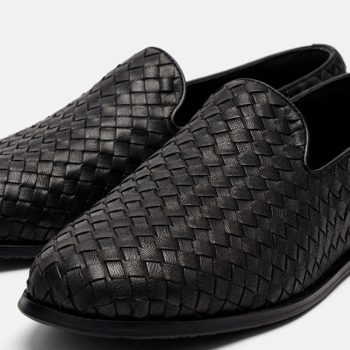 Portofino Black Woven Leather Venetian Loafers
