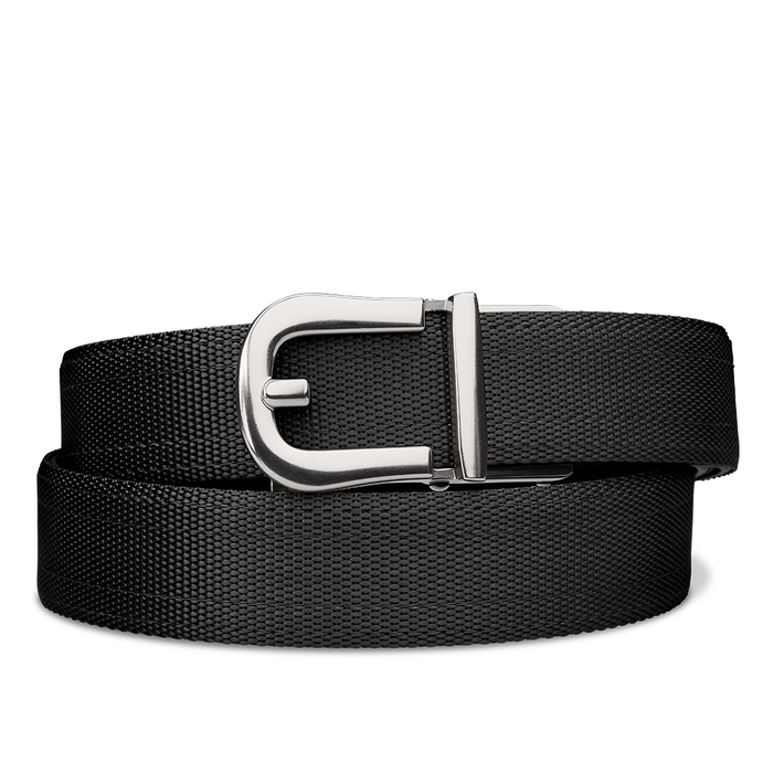 Kore Essentials Black Nylon Quarter-Inch Gun Belt with a Q1 Buckle on a White Background