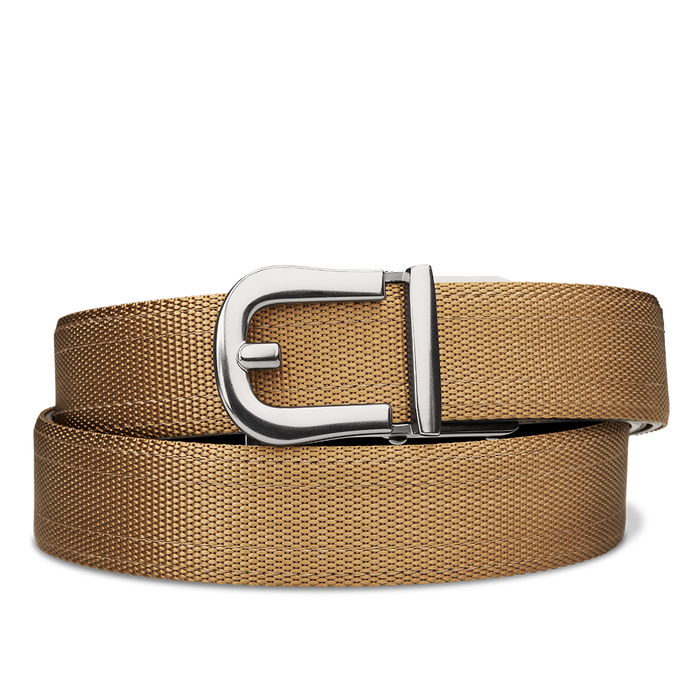 Kore Essentials Coyote Quarter Inch Gun Belt with a Q1 Buckle on a White Background