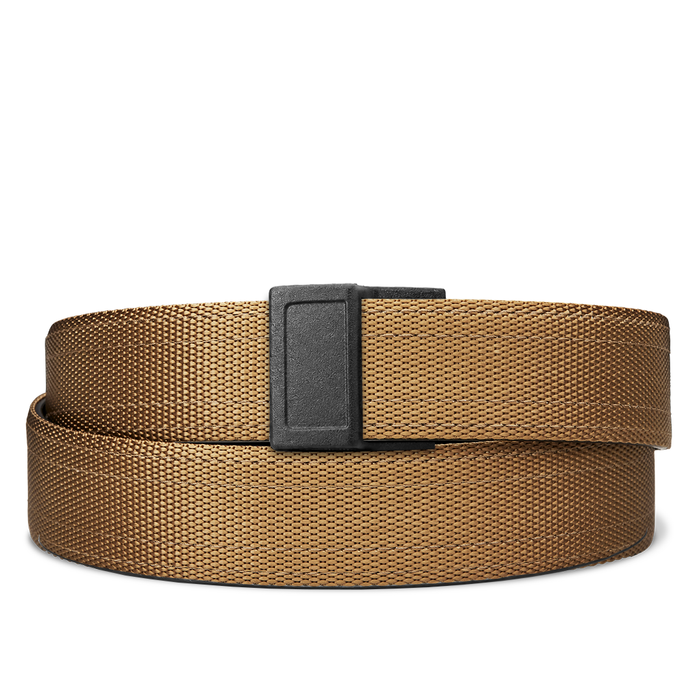 Kore Essentials coyote tactical quarter inch gun belt with an X3 buckle on a white background