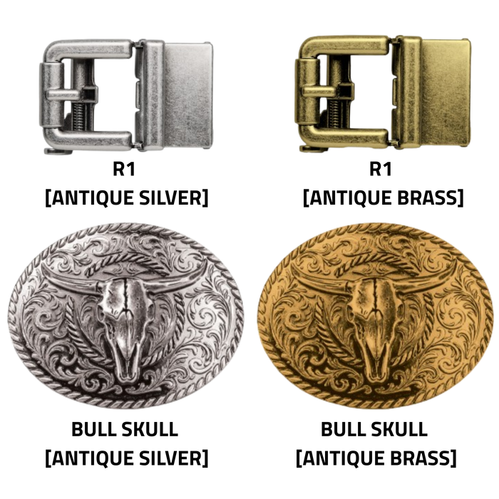 Kore Essentials ranch belt buckle collection displaying the R1 Antique Silver Buckle, R1 Antique Brass Buckle, Bull Skull Antique Silver Buckle and Bull Skull Antique Silver Buckles