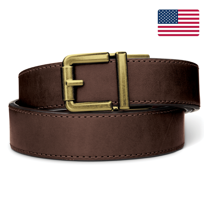Kore Essentials Brown Leather 1.5" Ranch Belt with a Brass R1 Buckle on a White Background