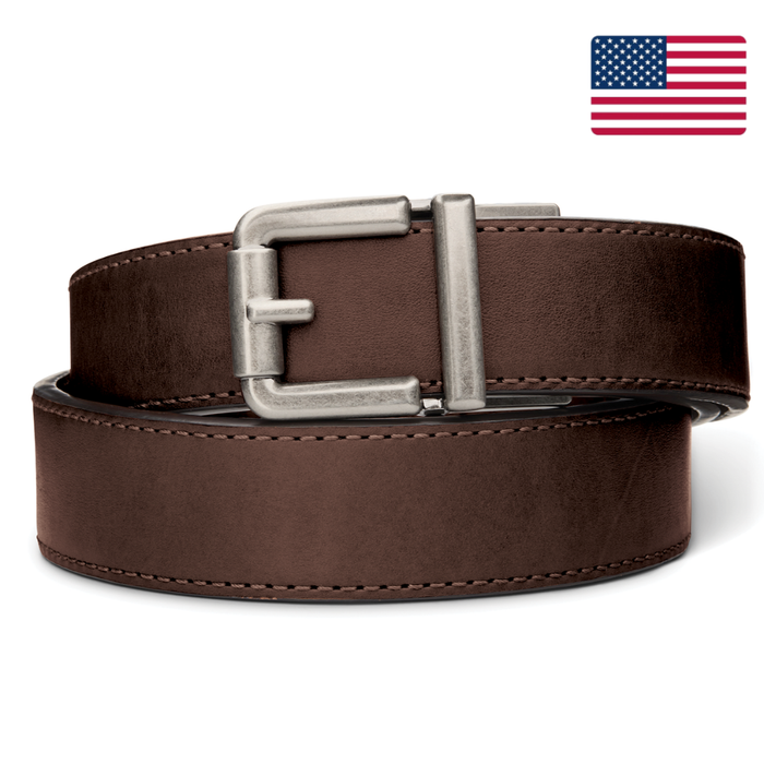 Kore Essentials Brown Leather 1.5" Ranch Belt with a Silver R1 Buckle on a White Background