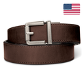 Kore Essentials Brown Leather 1.5" Ranch Belt with a Silver R1 Buckle on a White Background