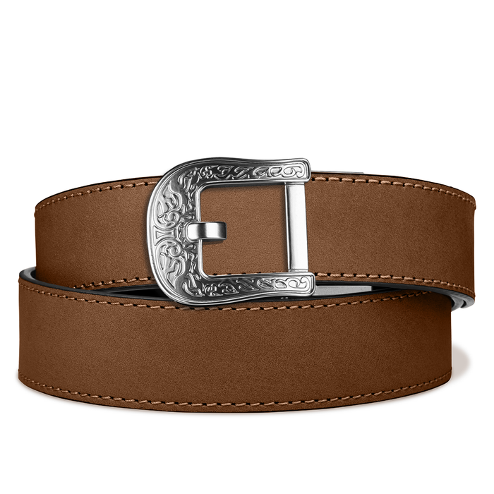 Kore Essentials Ratcheting Brown Buffalo Leather Western Gun Belt with a Rodeo Buckle