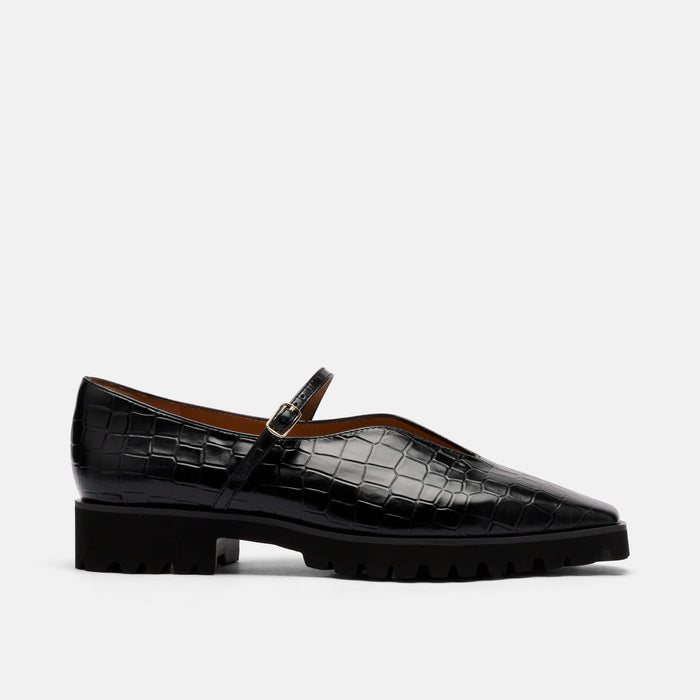 Roxie Black Croc Leather Lug Mary Janes