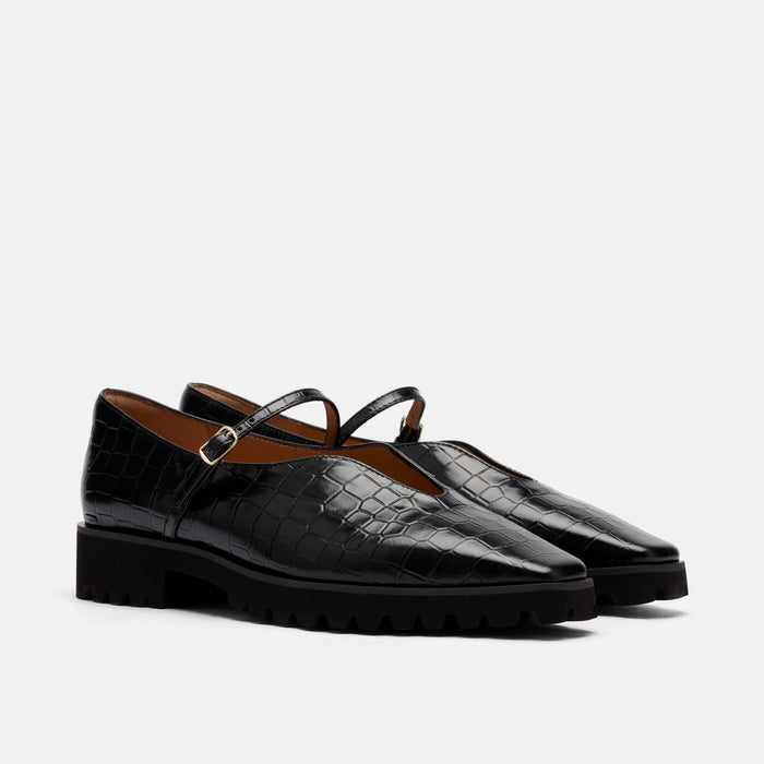 Roxie Black Croc Leather Lug Mary Janes