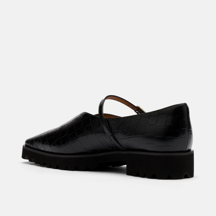 Roxie Black Croc Leather Lug Mary Janes