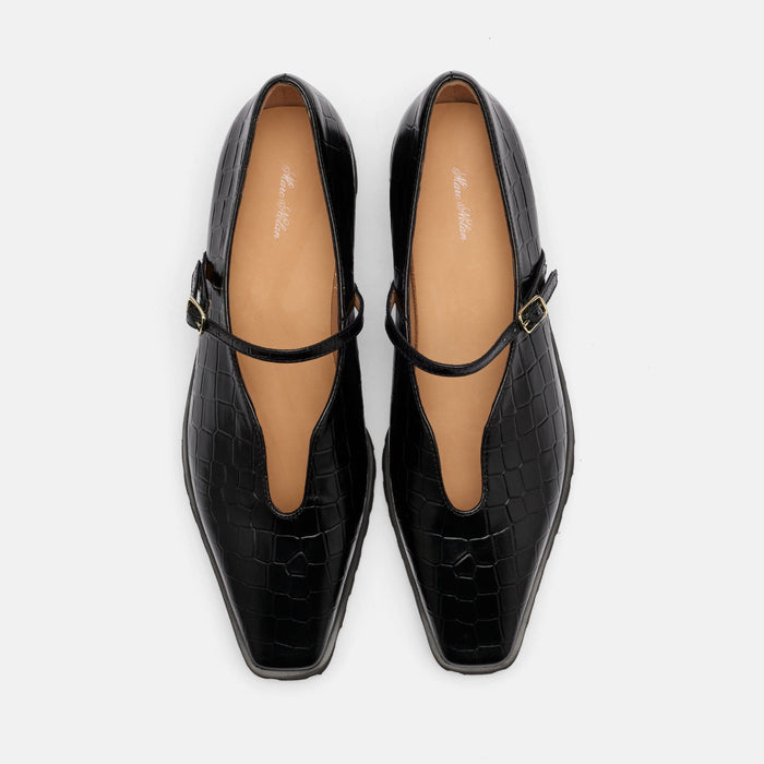 Roxie Black Croc Leather Lug Mary Janes