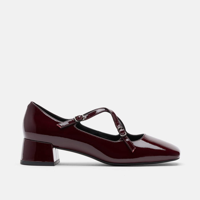 Ruby Burgundy Patent Leather Mary Jane Block Heels