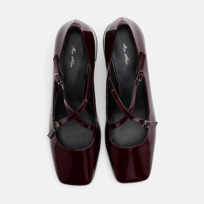 Ruby Burgundy Patent Leather Mary Jane Block Heels