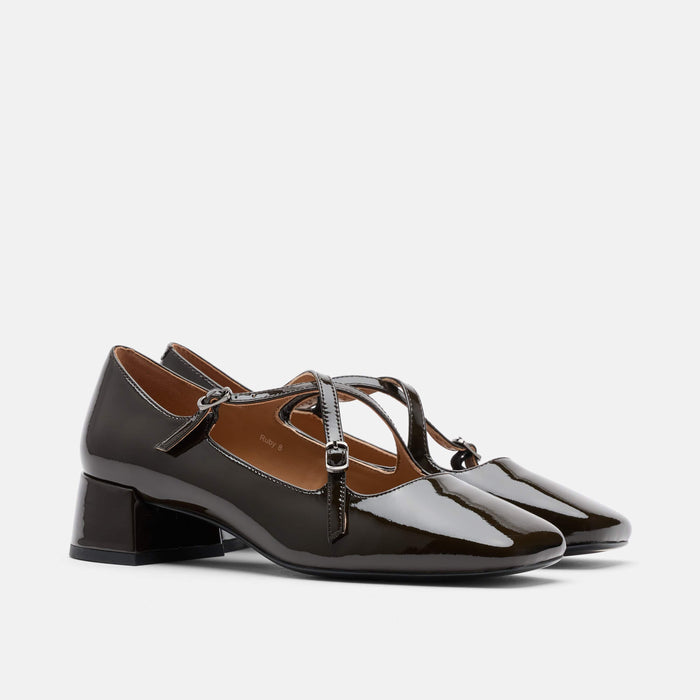 Ruby Dark Green Patent Leather Mary Jane Block Heels