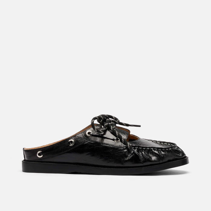 Selene Black Pleated Leather Boat Shoe Mules