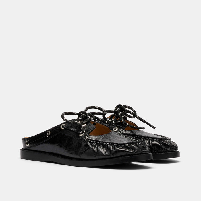 Selene Black Pleated Leather Boat Shoe Mules