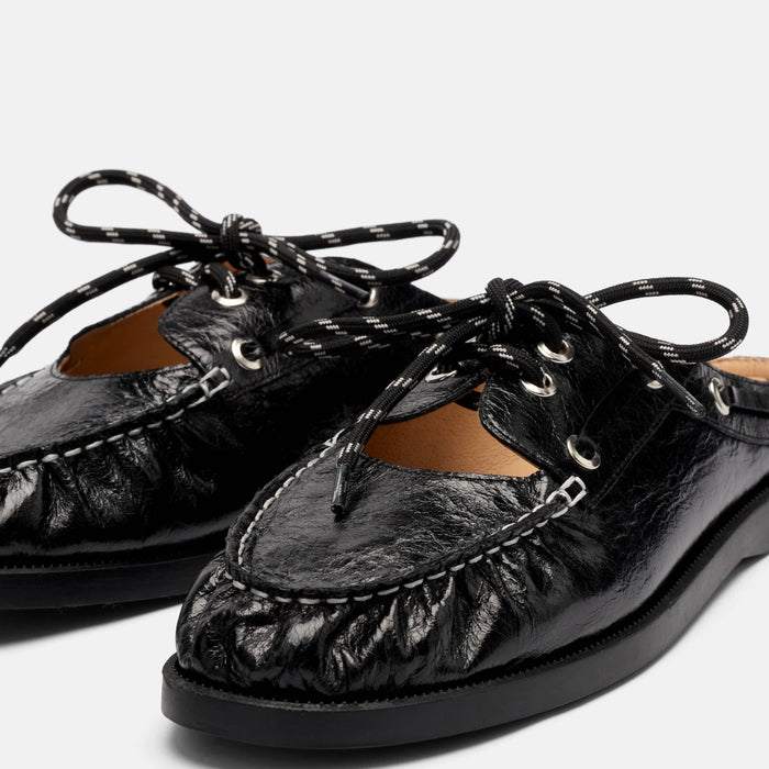 Selene Black Pleated Leather Boat Shoe Mules