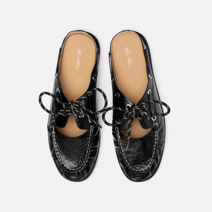 Selene Black Pleated Leather Boat Shoe Mules