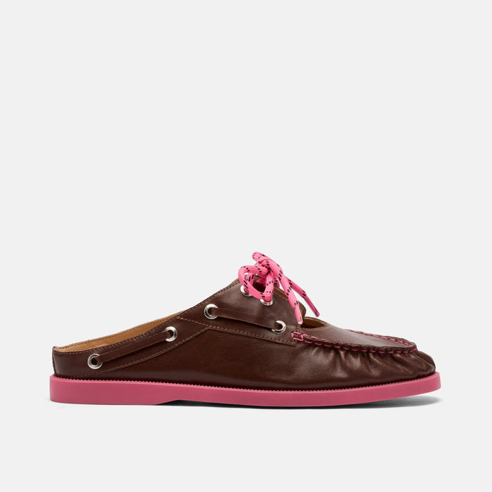 Selene Brown/Pink Pleated Leather Boat Shoe Mules