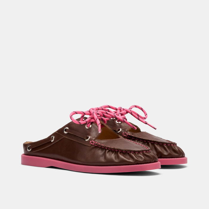 Selene Brown/Pink Pleated Leather Boat Shoe Mules