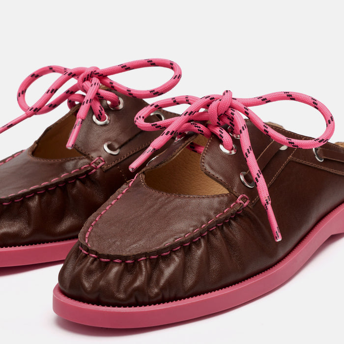 Selene Brown/Pink Pleated Leather Boat Shoe Mules