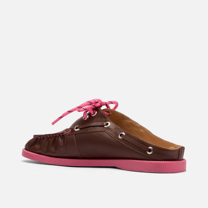 Selene Brown/Pink Pleated Leather Boat Shoe Mules