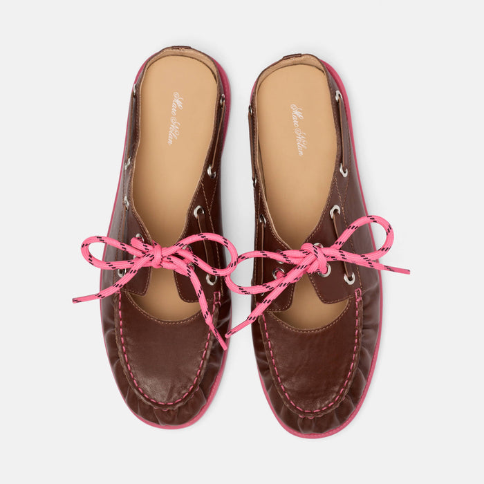 Selene Brown/Pink Pleated Leather Boat Shoe Mules