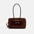Serena Horsebit Shoulder Bag - Brown Suede & Croc Leather