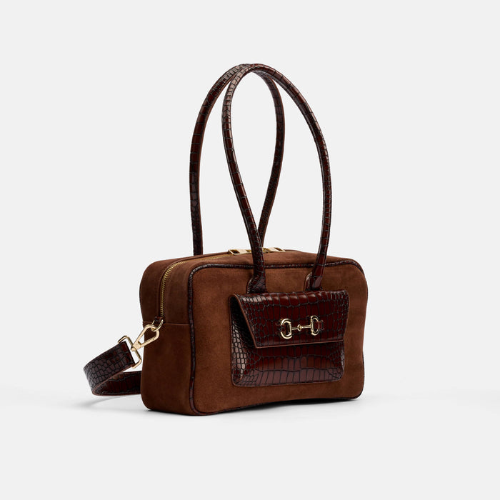 Serena Horsebit Shoulder Bag - Brown Suede & Croc Leather