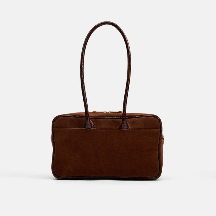 Serena Horsebit Shoulder Bag - Brown Suede & Croc Leather