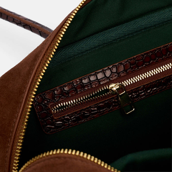 Serena Horsebit Shoulder Bag - Brown Suede & Croc Leather