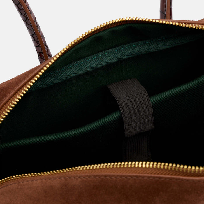 Serena Horsebit Shoulder Bag - Brown Suede & Croc Leather