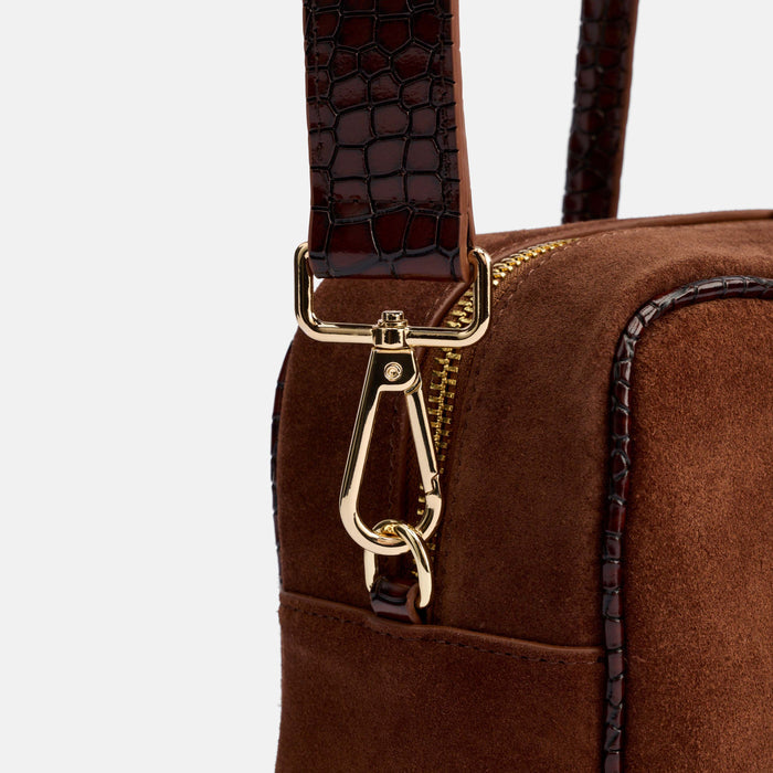 Serena Horsebit Shoulder Bag - Brown Suede & Croc Leather