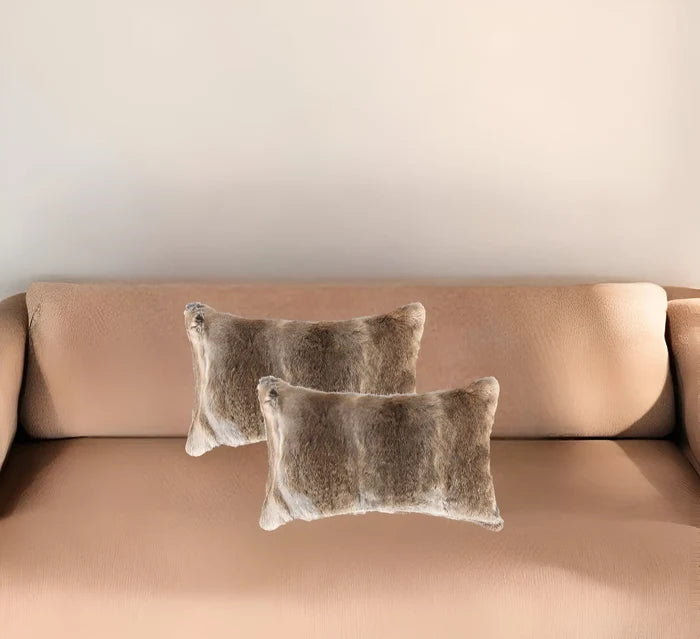 Set Of Two 12" X 20" Brown Rabbit Natural Fur Animal Print Throw Pillows