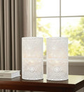 Set of Two Metal Pierced Geometric Battery Operated Lamps With Cylinder Shades