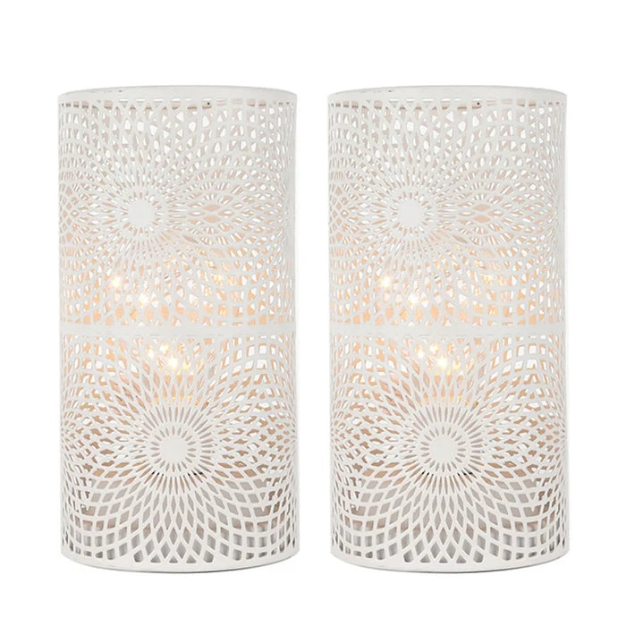 Set of Two Metal Pierced Geometric Battery Operated Lamps With Cylinder Shades