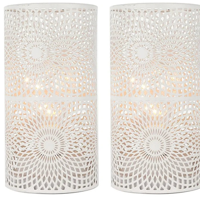 Set of Two Metal Pierced Geometric Battery Operated Lamps With Cylinder Shades