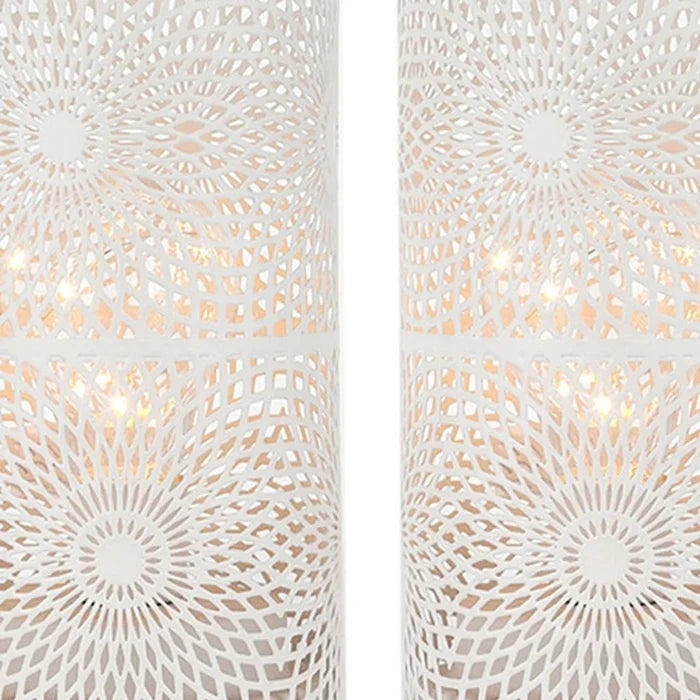 Set of Two Metal Pierced Geometric Battery Operated Lamps With Cylinder Shades