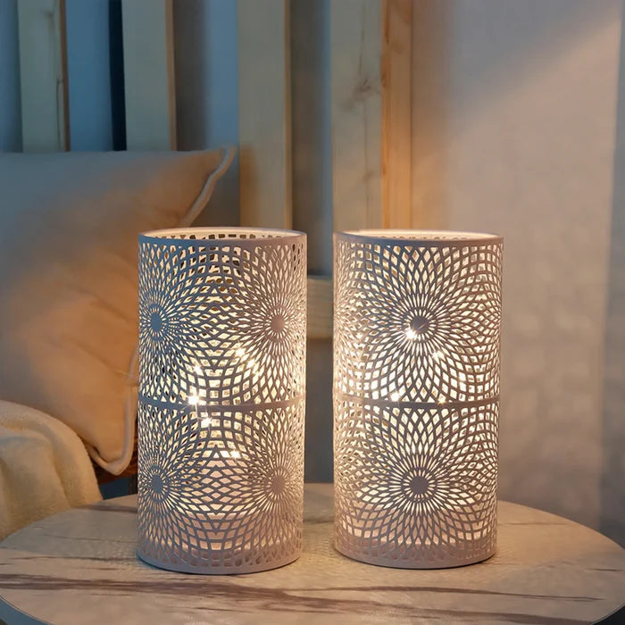 Set of Two Metal Pierced Geometric Battery Operated Lamps With Cylinder Shades