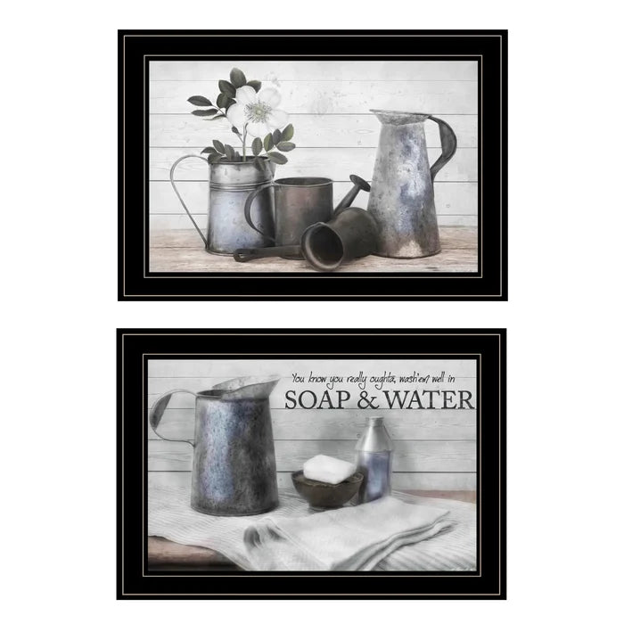Set Of Two Soap or Floral 2 Black Framed Print Bathroom Wall Art