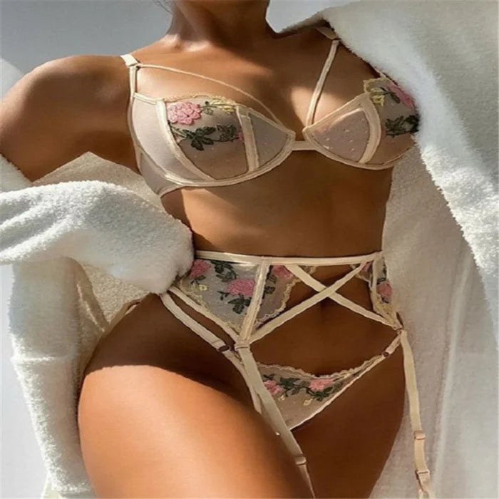 Sexy Bridal Mesh Embroidery Lingerie (3 Piece Set)