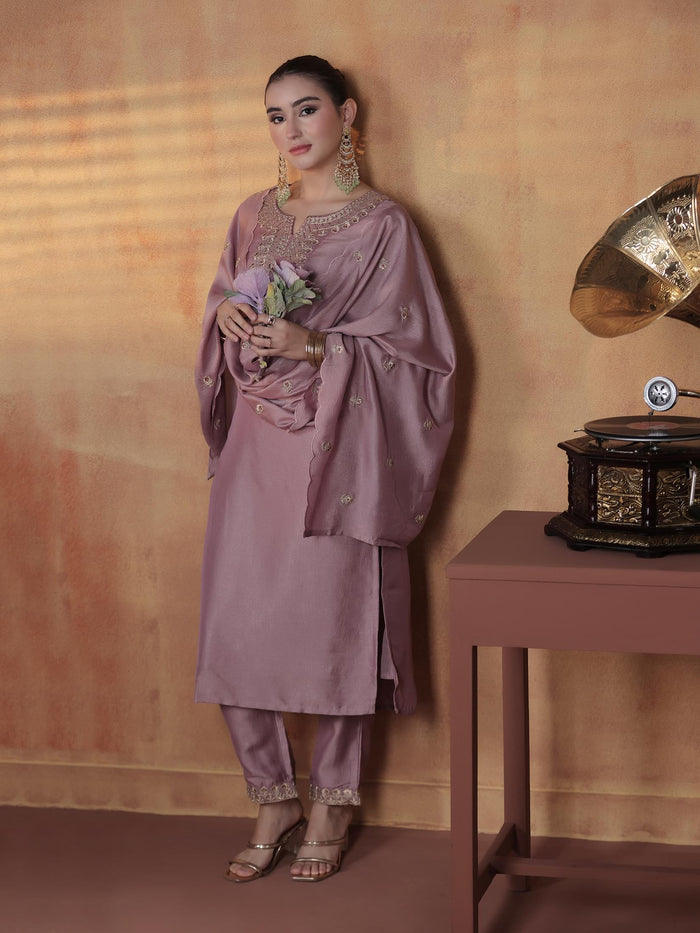 Silk Blend Lilac Embroidered Kurta Comfort Pant Dupatta.
